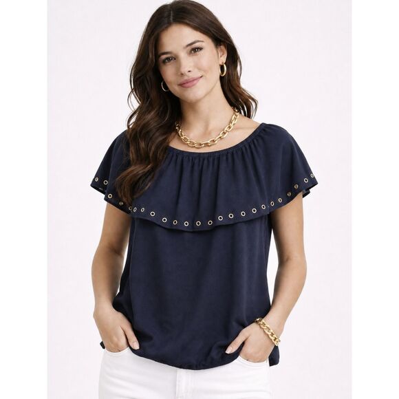 Michael Kors Tops - Michael Kors Navy Blue Flouncy Top Sz M Women Short Sleeves Gold Accents Blouse